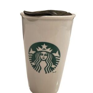 Starbucks white and green ceramic coffee mug with lid